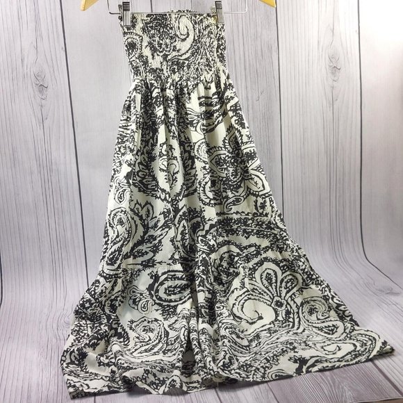 Strapless Summer Dress Ruffle Hem Shirred Detail Tube Dress Black/Beige Size S - Picture 6 of 11